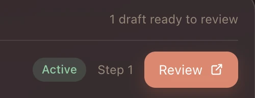 Revenue Recovery Engine: one draft ready to review, marked Active on Step 1, with a Review button