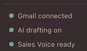 Revenue Recovery Engine status rail: Gmail connected, AI drafting on, Sales Voice ready